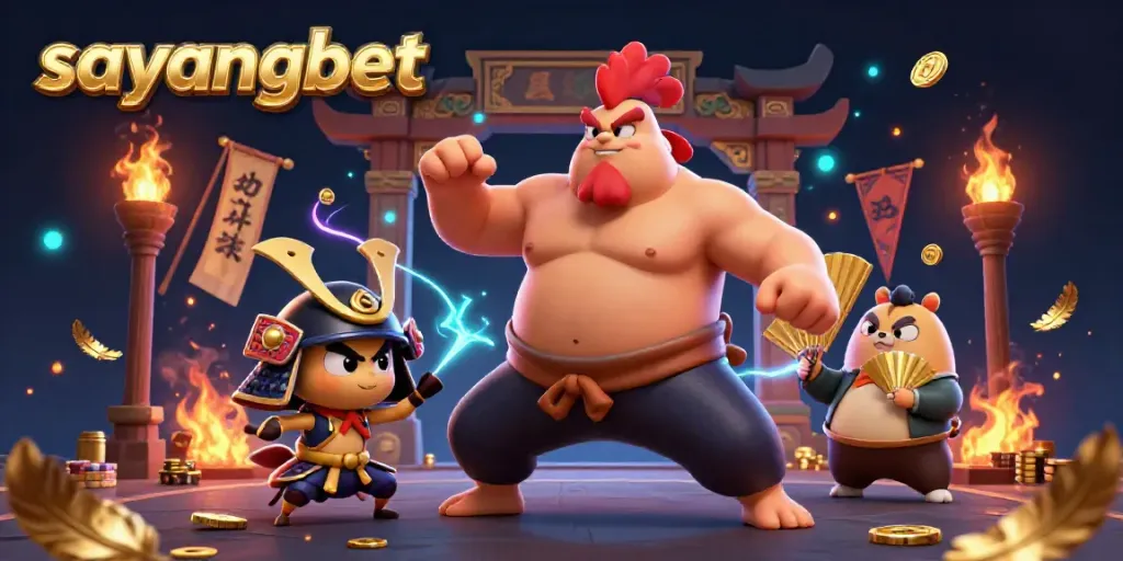 Gambarkan keseruan taruhan di sayangbet dengan ayam sumo, jangkrik samurai, dan pengumuman tanuki.