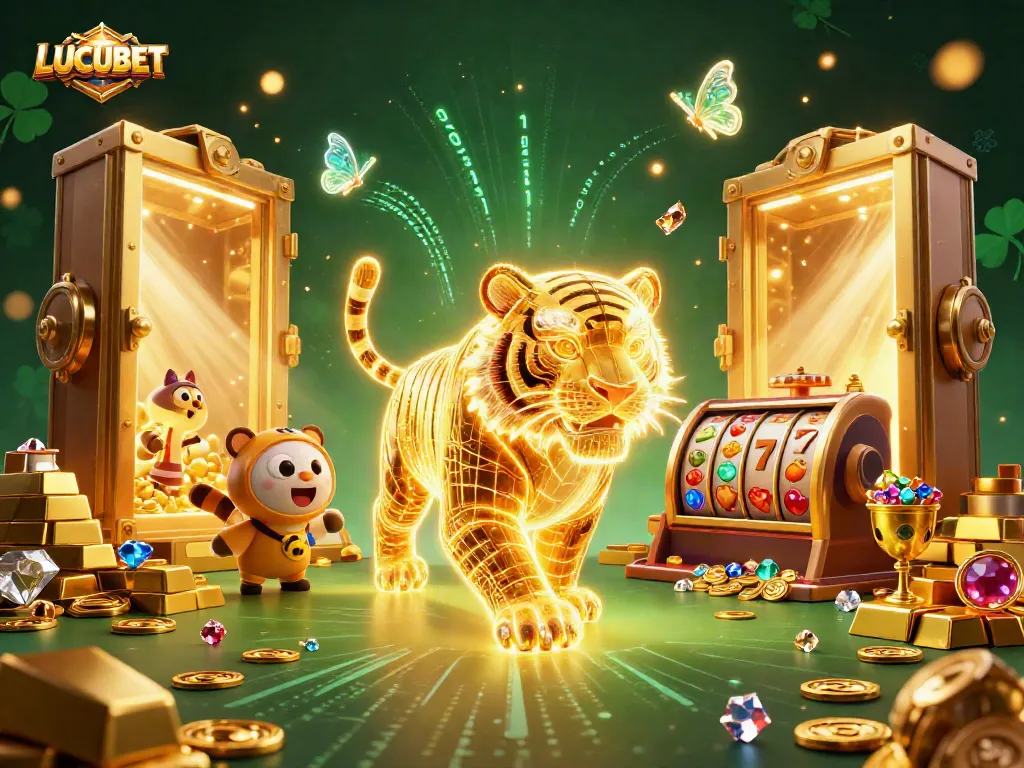 Experience thrilling gameplay with LUCUBET's vibrant digital casino, featuring a golden tiger and holographic butterflies.