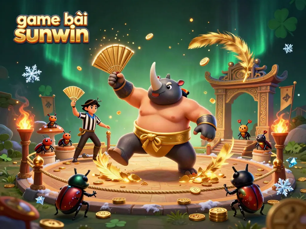 Experience intense gaming action with game bài sunwin as a sumo champion beetle stomps wins, surrounded by festive décor.