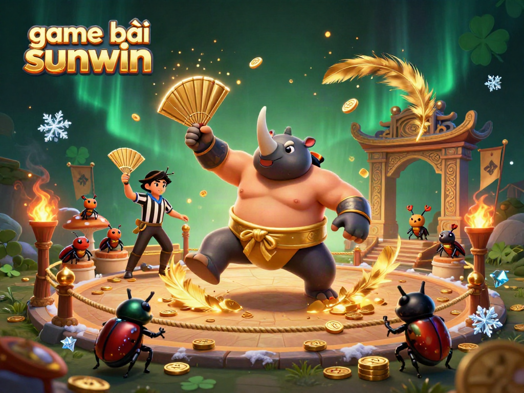 Experience intense gaming action with game bài sunwin as a sumo champion beetle stomps wins, surrounded by festive décor.