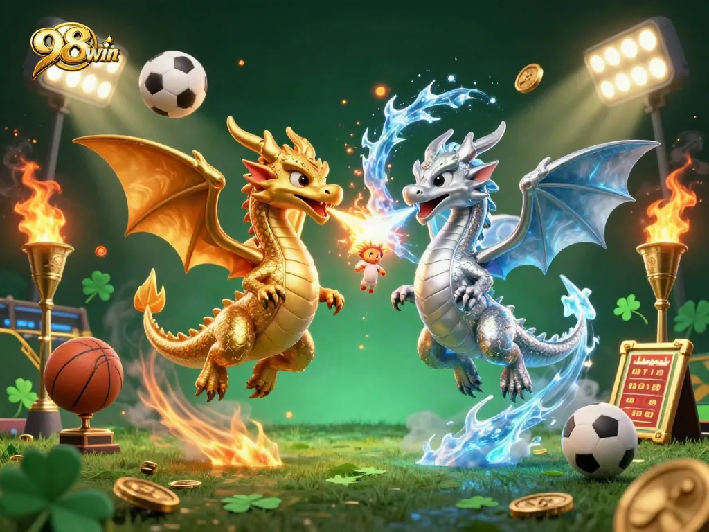 Experience thrilling gaming action with 98win’s dynamic display of intertwined dragons and sports symbols in this artistic illustration.
