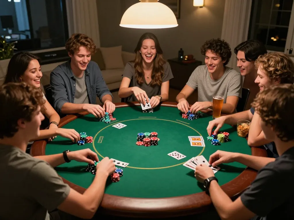 Friends playing poker and strategizing with alfa 138 elements in vibrant home setting