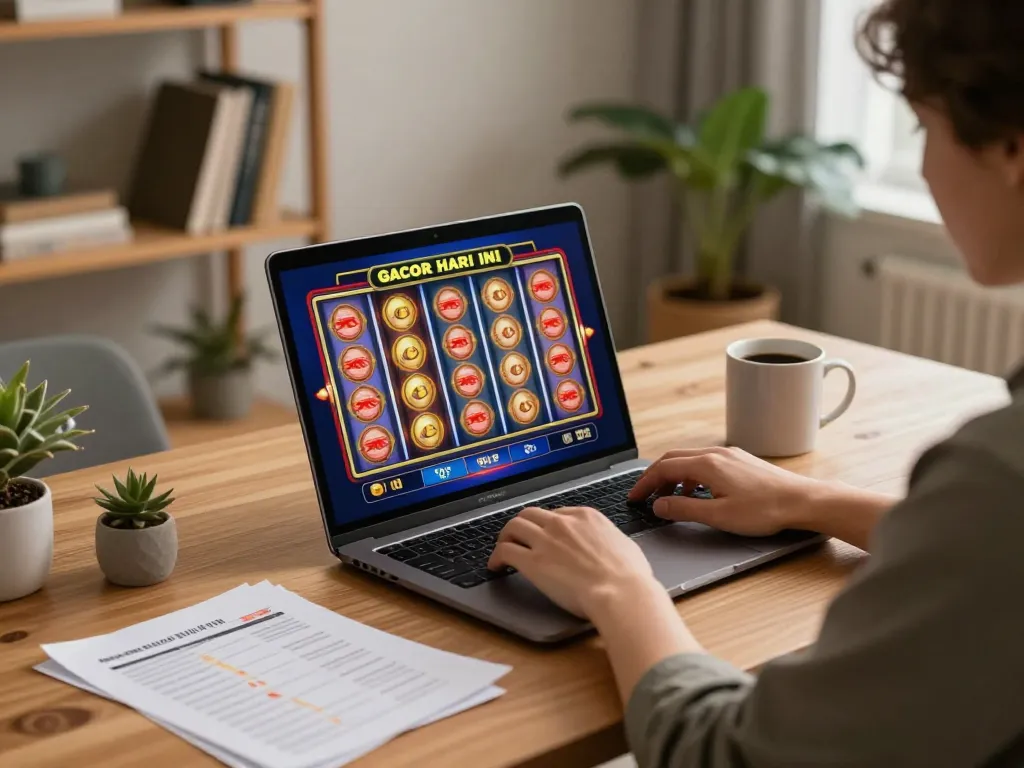 Engaging in slot gacor hari ini on a laptop at home, with colorful reels and cozy atmosphere.