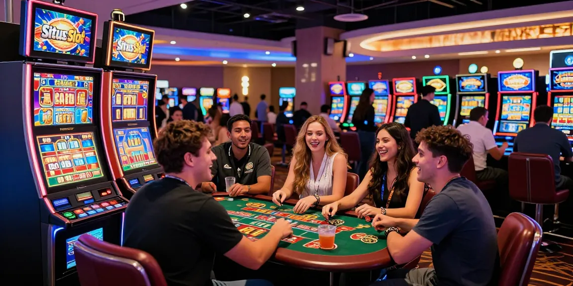 Excited players enjoying a situs slot machine in a lively casino atmosphere
