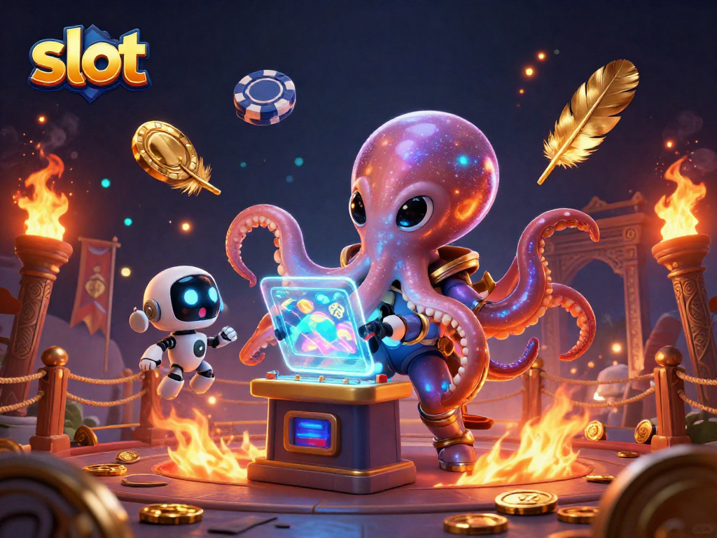 Menangkan permainan slot dengan alien kartun dan robot dalam ilustrasi 3D yang menarik