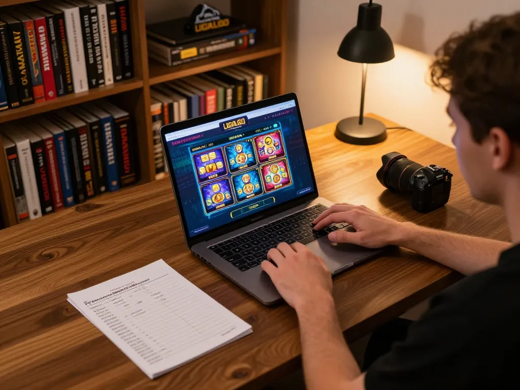 LIGALGO online gaming experience captures a player engaging with vibrant slot games on a laptop.
