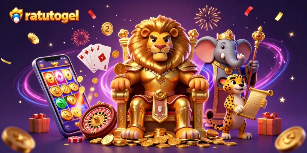 Win big at ratutogel with a vibrant 3D casino scene featuring a lion king and dynamic game elements.