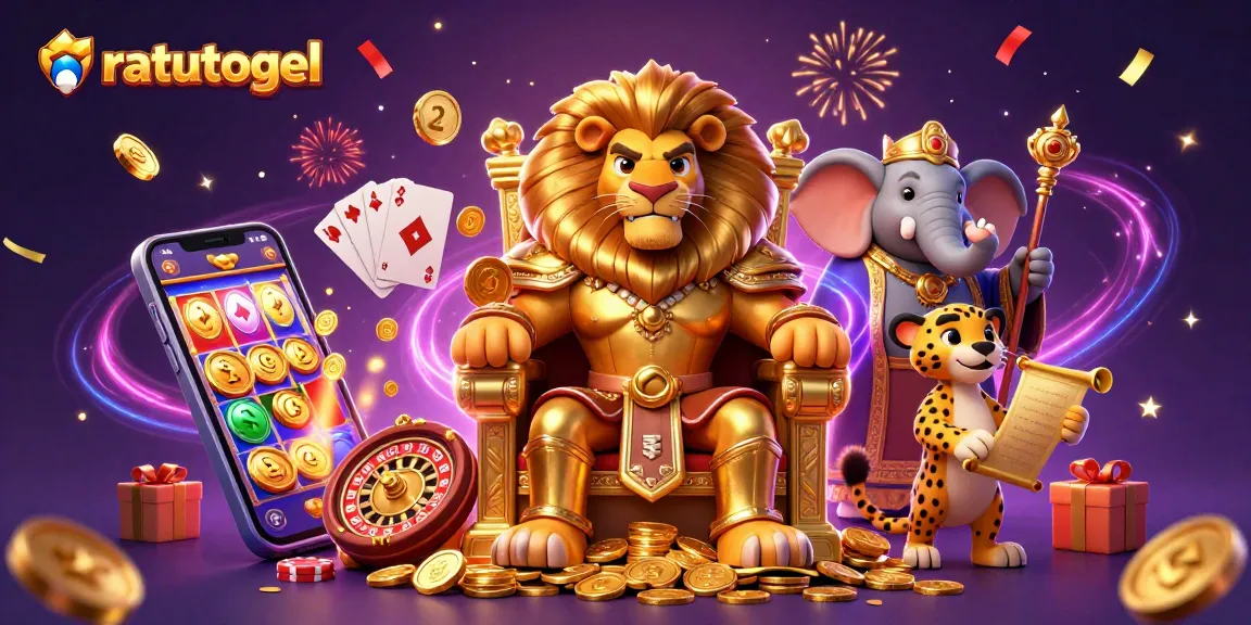 Win big at ratutogel with a vibrant 3D casino scene featuring a lion king and dynamic game elements.