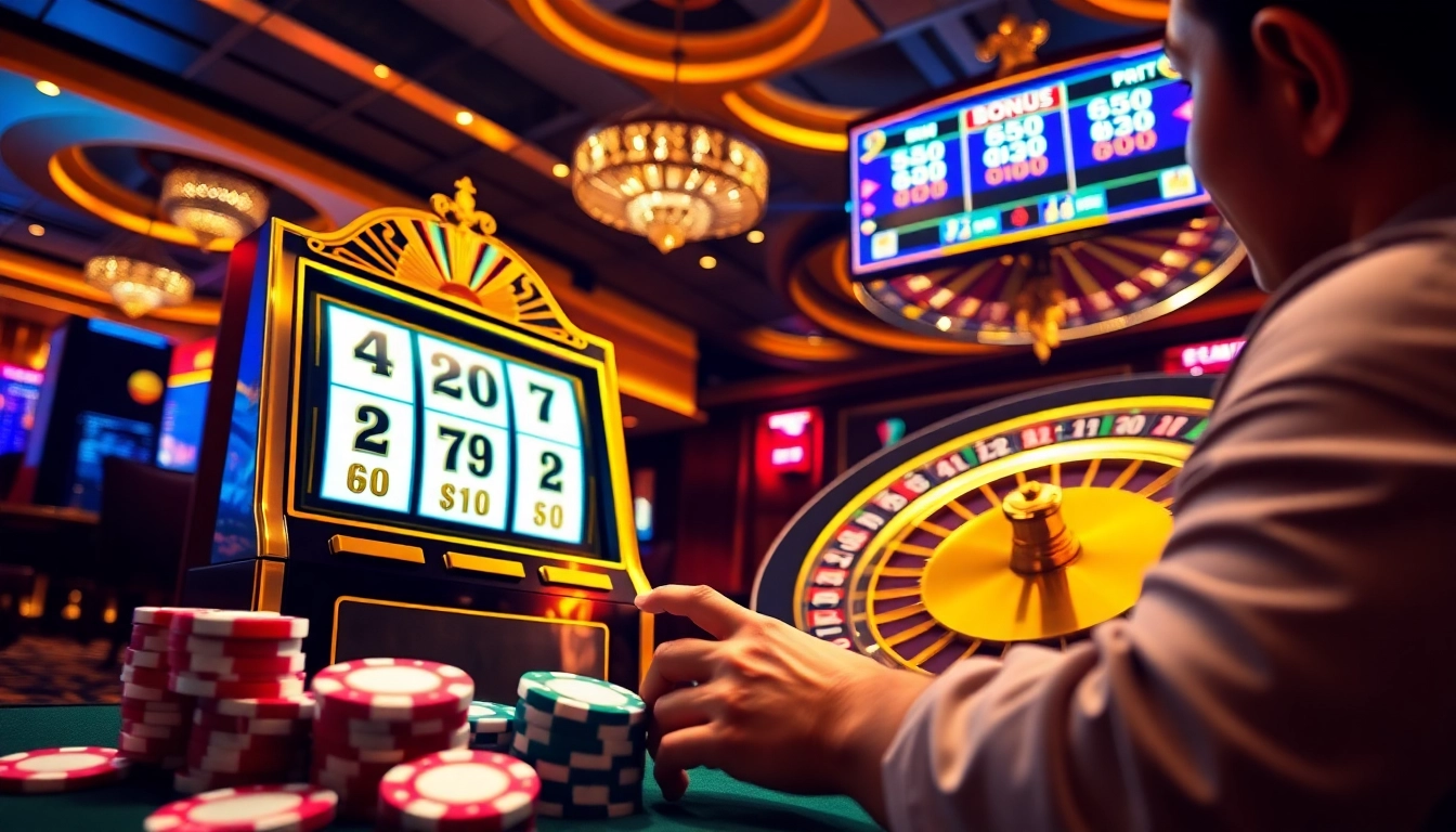 Experience thrilling gameplay with a slot bonus as players engage with vibrant slot machines and cards.
