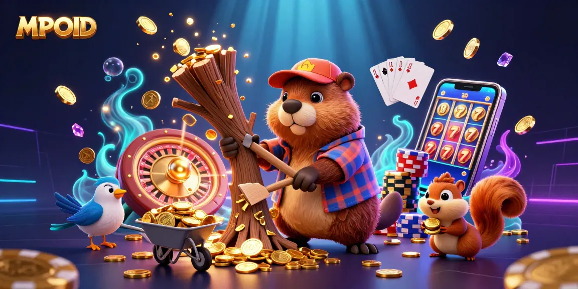 Engage with MPOID's vibrant casino atmosphere featuring a beaver and friends collecting gold coins and gems.