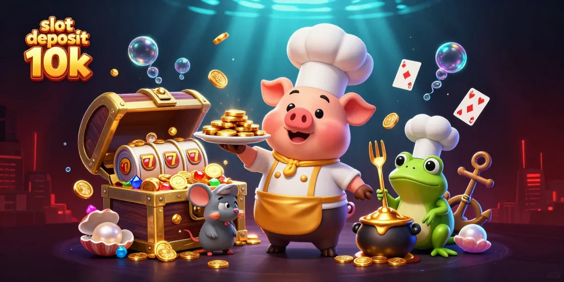 Menikmati slot deposit 10k dengan chef kartun unik di dunia kasino, dikelilingi koin emas.