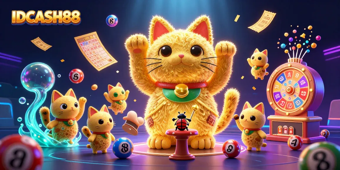 Experience the vibrant world of IDCASH88 as a lucky cat formed by golden fireflies interacts with casino symbols.