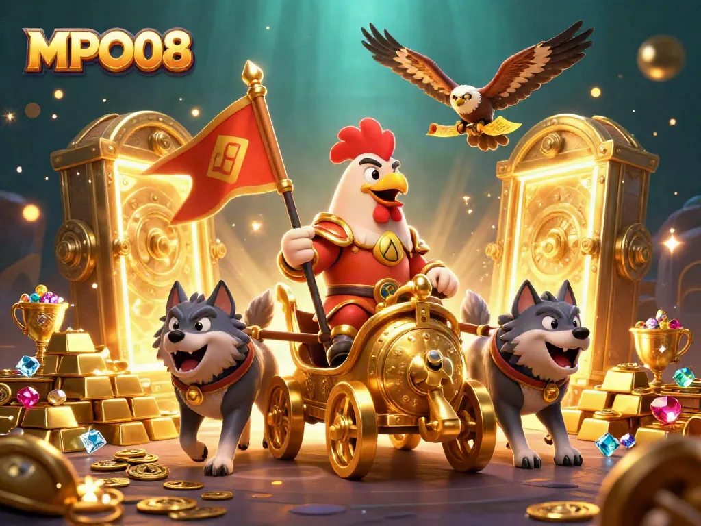 MPO08 features an exciting scene with a rooster warlord in a golden chariot amongst a rich treasure trove.