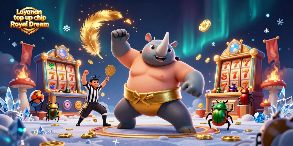 Layanan top up chip Royal Dream showcases a dynamic 3D casino scene with vibrant colors and engaging characters.