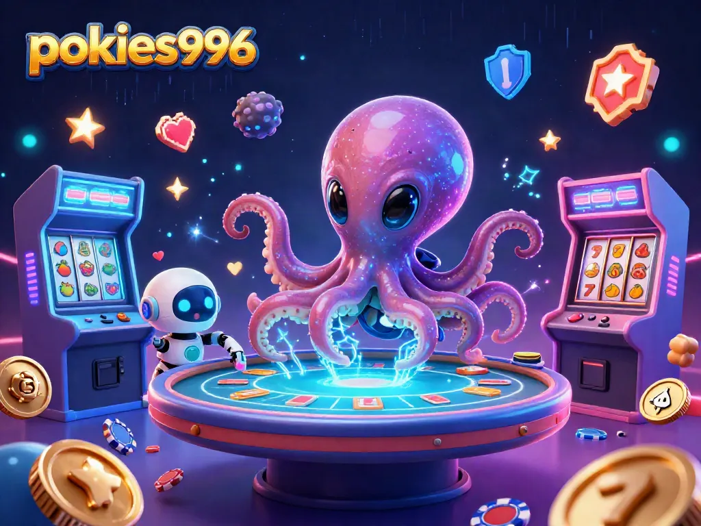 Engage with pokies996 in a vibrant 3D casino scene featuring an alien octopus and robot, showcasing poker and arcade games.