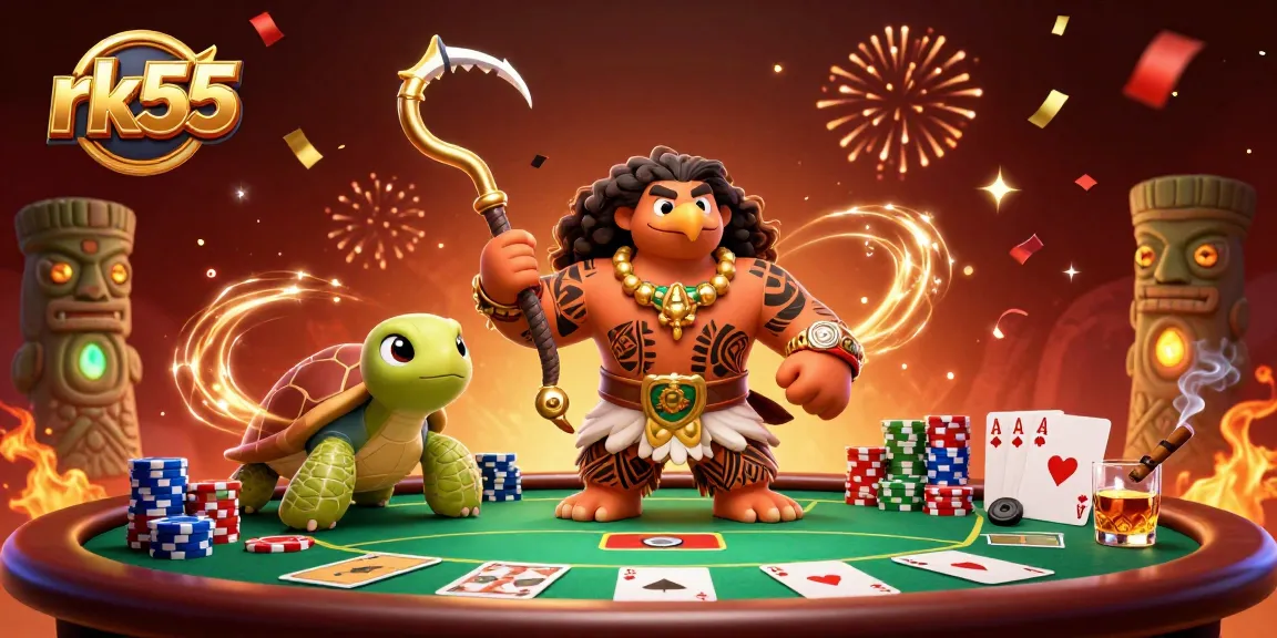 Experience thrilling action at rk55 with a majestic hawk and playful turtle surrounded by vibrant poker tables.