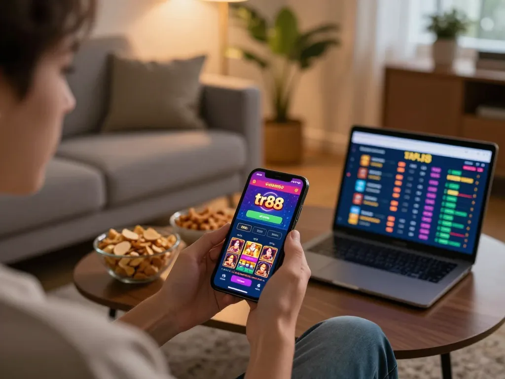 Experience tr88 mobile gaming with an inviting home setup featuring vibrant game graphics.