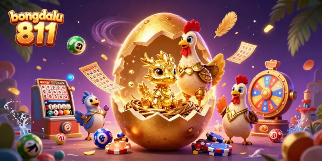 Bongdalu 811 showcases a vivid scene with a golden dragon emerging from a nest of poker chips amidst a vibrant casino atmosphere.