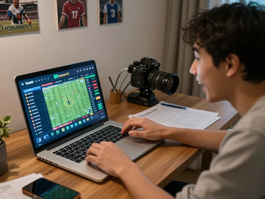 A person placing strategic sports bets online with kuwin in a cozy home office