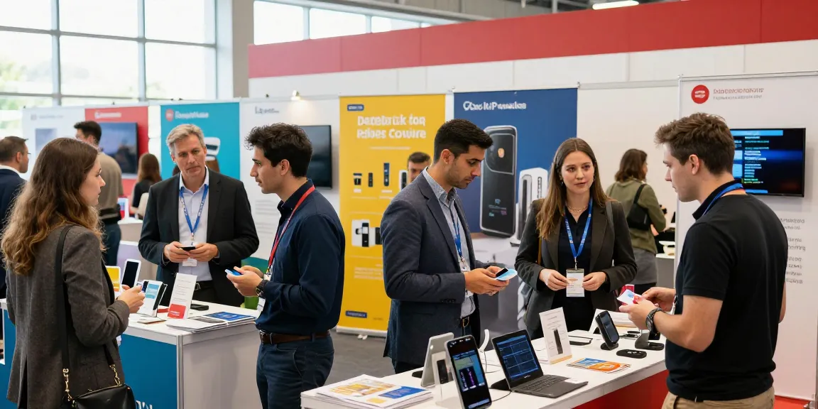 Exhibitors engaging with attendees at a vibrant trade show, showcasing innovative products and networking opportunities.