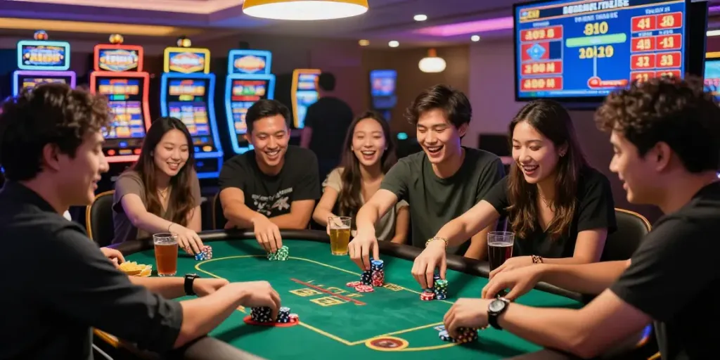Friends enjoying a lively game of Bandar Togel 4D in a vibrant casino atmosphere.