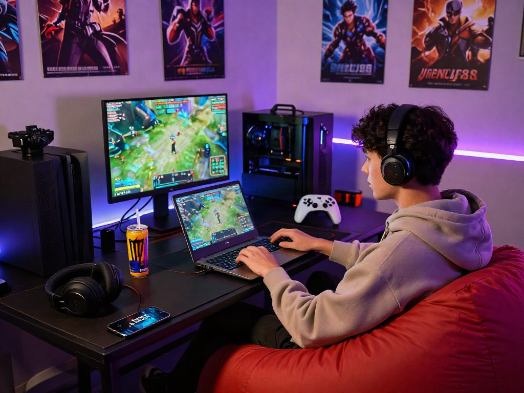 Engaged player enjoying Slot MAHJONGJP88 in a vibrant gaming setup with LED lights and gaming accessories.