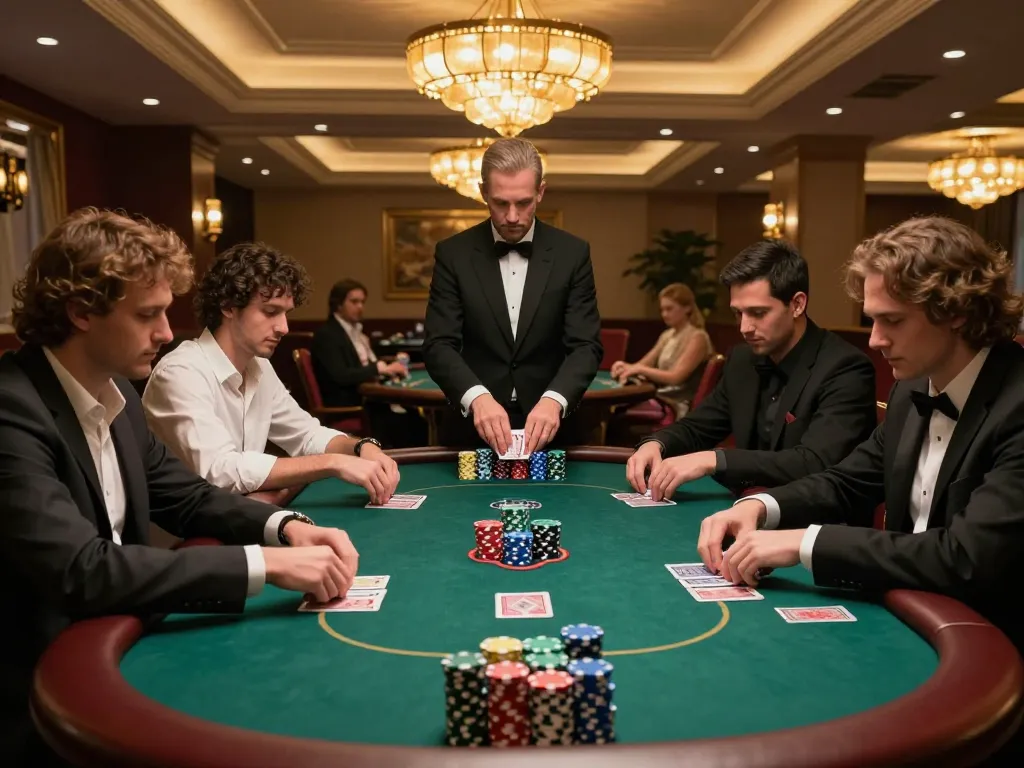 VA88 poker strategies in action with players engaged around a luxury table, showcasing high-stakes gaming.