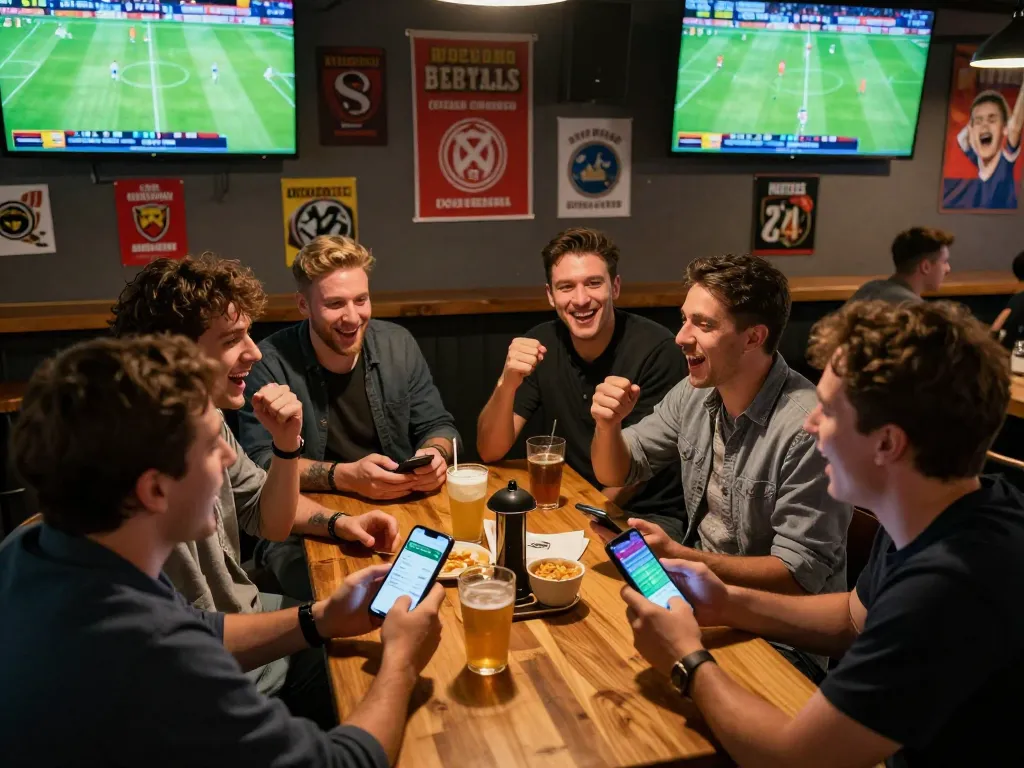 WWBOLA players actively engaging in soccer betting at a lively sports bar with mobile apps.