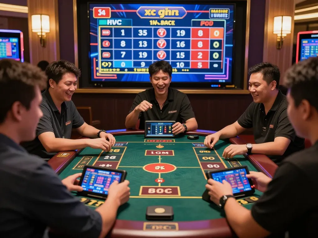 Xóc đĩa online players strategically betting on vibrant gaming devices in a digital casino.