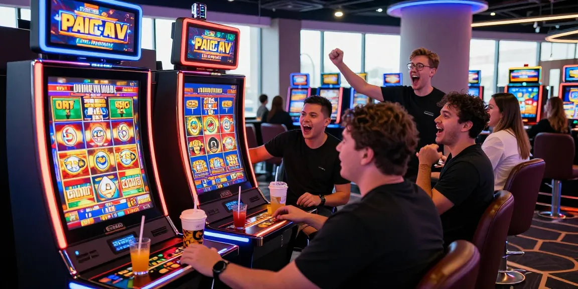 Excited players enjoying a slot gacor machine in a lively modern casino setting.