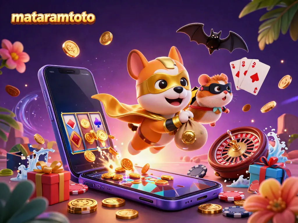 Mataramtoto showcases a 3D superhero dog flying with gold coins in a casino-themed scene featuring animated gaming elements.