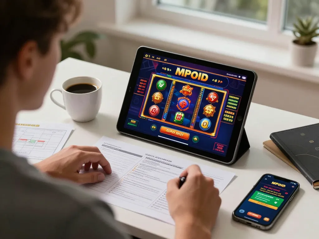 MPOID online gaming session with engaging slot graphics on tablet, focused player enjoying strategy.