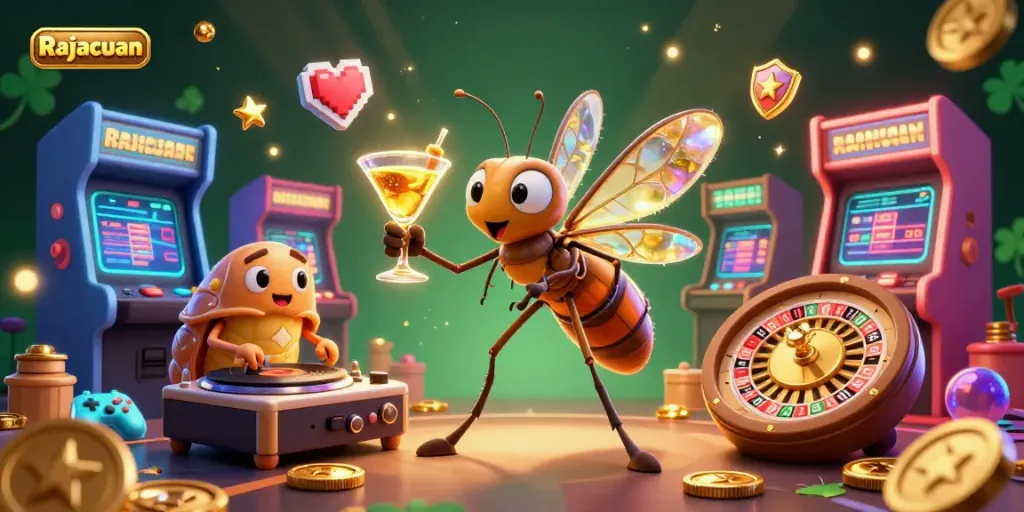 Experience thrilling gameplay at Rajacuan with a vibrant casino scene showcasing engaging characters and dynamic game elements.