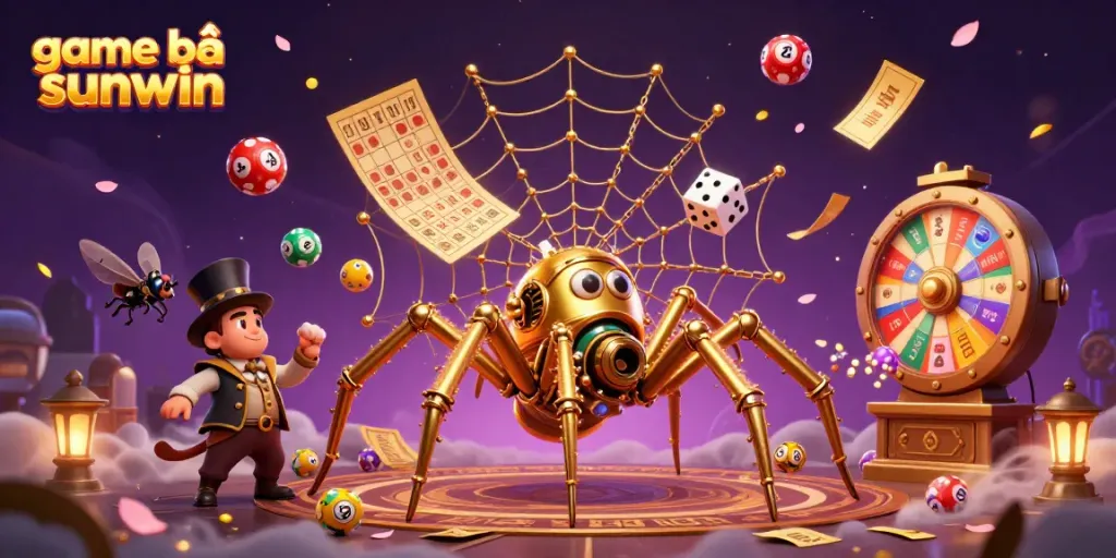 Engage in the game bài sunwin with a dynamic illustration of a steampunk spider in a casino web.