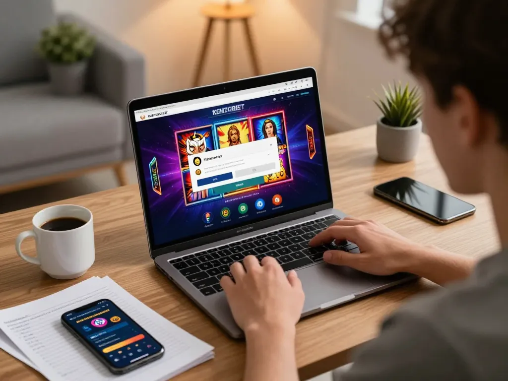 Engaging with KENZOBET login on a laptop, showcasing exciting online slot games and responsible gaming setup.