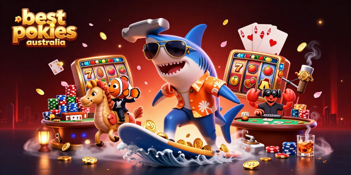 Surf thrilling game action with the best pokies Australia featuring a shark and vibrant slot elements.