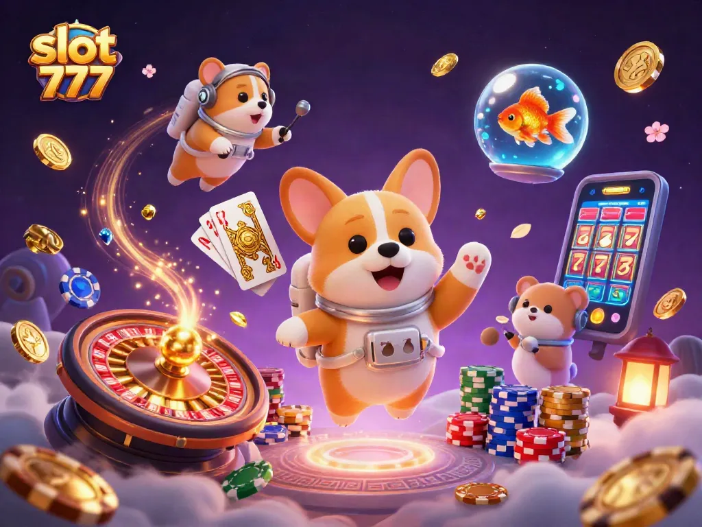 Bermain slot 777 di kasino luar angkasa dengan astronaut corgi, koin emas melayang dan suasana ceria.