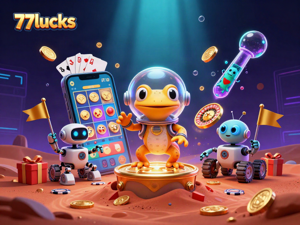 77lucks hadir dalam ilustrasi kasino masa depan dengan gecko berpenampilan lucu dan elemen permainan menarik.