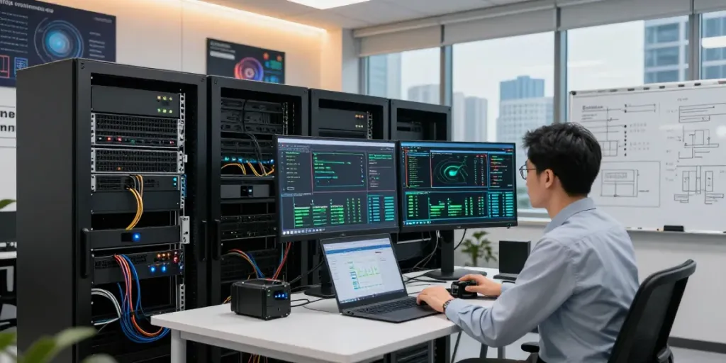 Monitoring data center with jebol wd storage technology, IT professional managing systems.