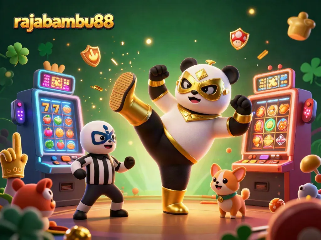 Rasakan sensasi bermain di rajabambu88 saat seekor panda petarung melakukan tendangan terbang di tengah aksi kasino.