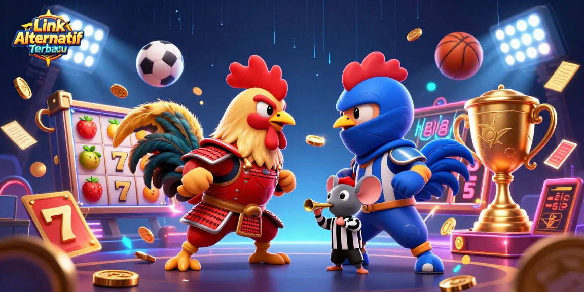Experience thrilling action in Link Alternatif Terbaru with fighting roosters and slot gambling elements.