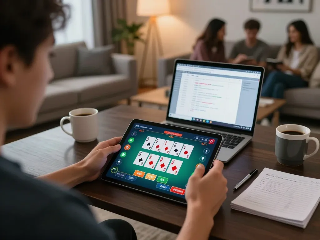 Player engaging in online poker game on 28bet's app in a cozy home setting, emphasizing strategic gameplay