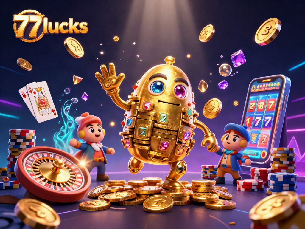 Menangkan hadiah besar di 77lucks dengan golem emas dan simbol mesin slot yang menarik.