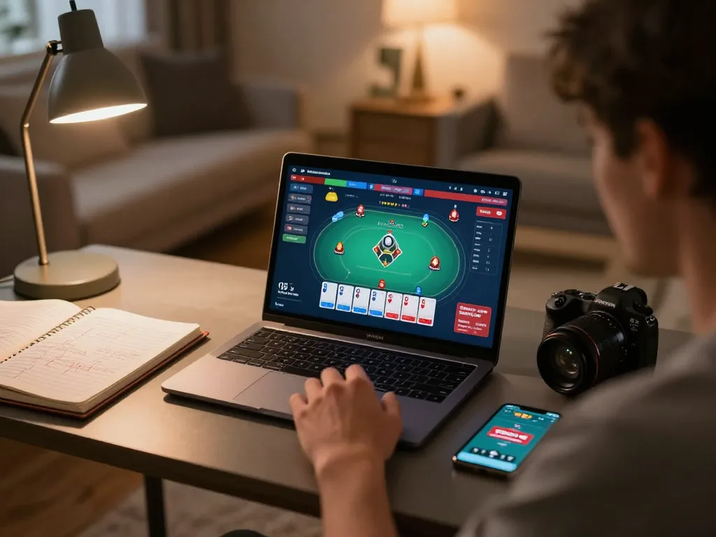 Player enjoying online poker at home with 79king-vn app visible, showcasing strategic gaming moment.