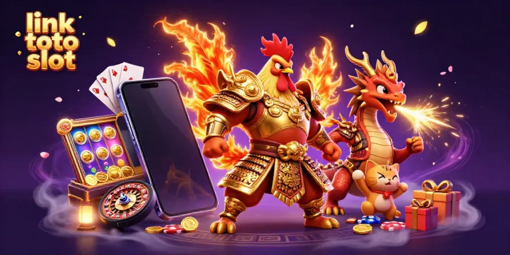 Menggandakan taruhan pada link toto slot dengan karakter ayam petarung dan naga menyala sambil menunjukkan permainan slot.