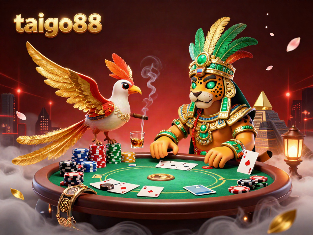 Engage with taigo88's vibrant poker scene, featuring a Mayan jaguar priest and quetzal bird amidst dynamic game elements.