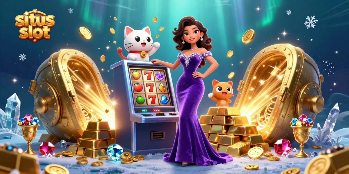 Engaging illustration of situs slot with a glamorous woman on a jackpot machine and a fortune cat, exuding excitement.