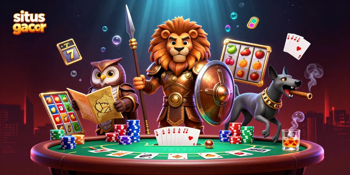 Experience the thrill of situs slot gacor with warriors guarding a vibrant casino realm, bursting with action.
