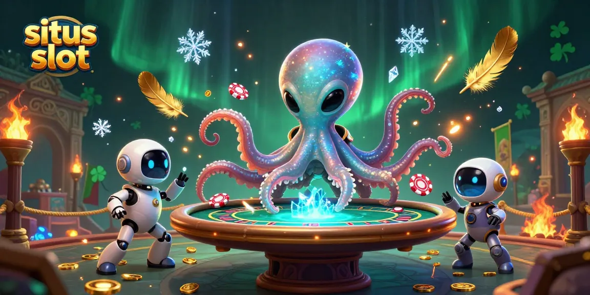 Memainkan situs slot dengan mesin slot yang berputar dan karakter alien ceria.