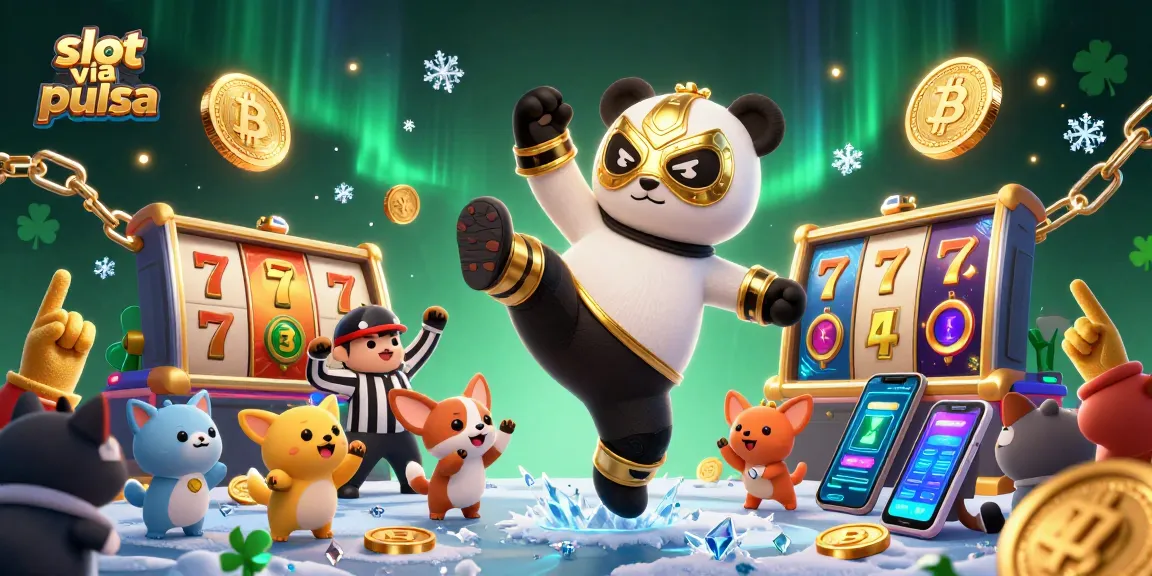 Spin to win with slot via pulsa at Kembartogel, a vibrant illustrated casino scene.
